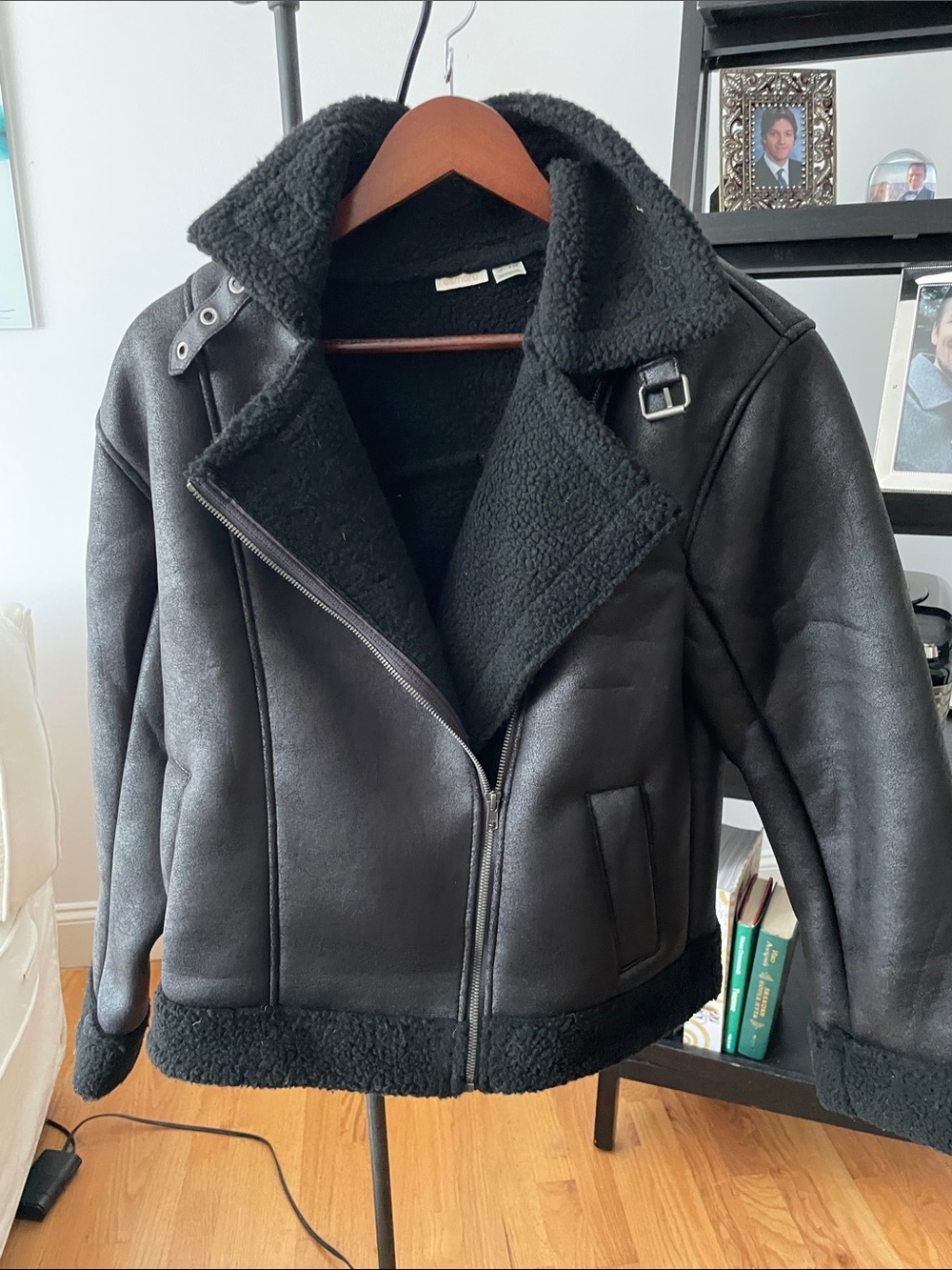 Women’s Black Sherpa-Trim Faux Leather Moto Jacket